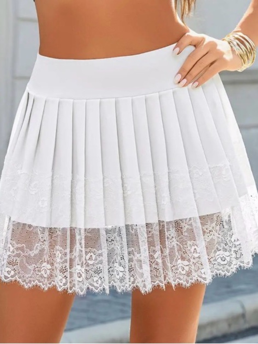 Black & White Pleated Lace Trim Mini Skirts - Picture 2 of 3